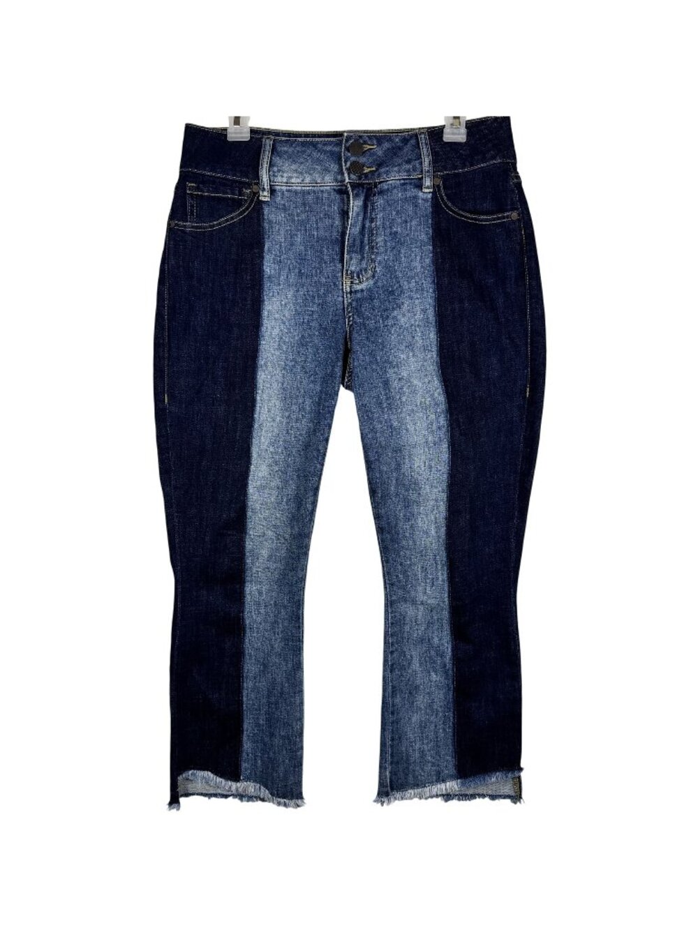 CAbi Hi-Low Crop Jeans Two-Tone Denim Frayed Hem Size 8